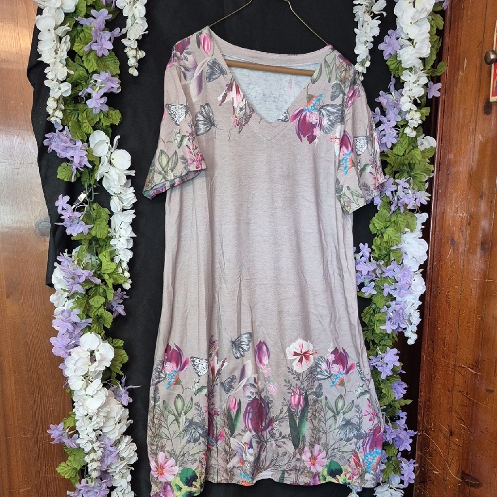 Floral V-Neck Swing Dress in Taupe with Pink & Green Accents
